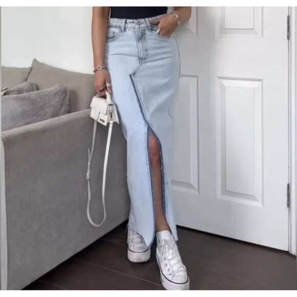 ZARA WOMENS SMALL Long DENIM MAXI SKIRT - Picture 1 of 10